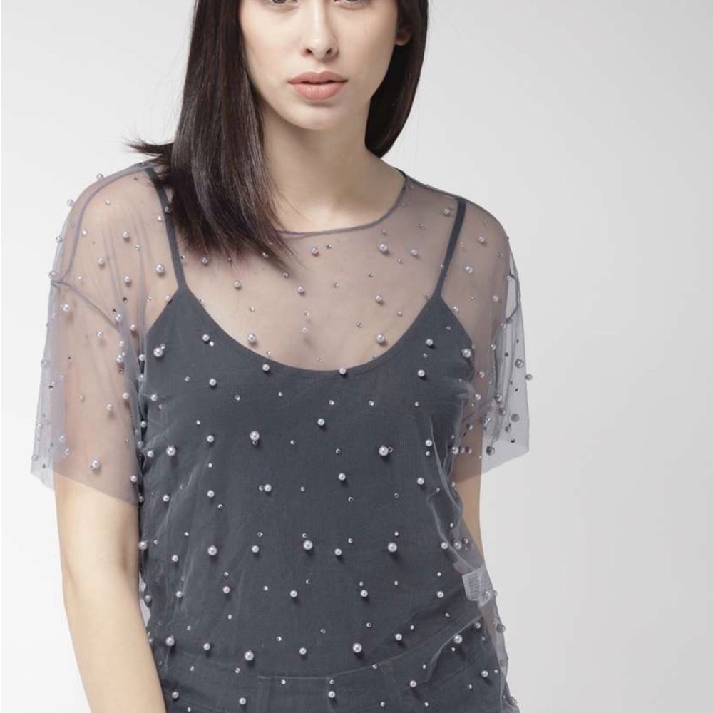 Sheer Embellished Silver Mesh Top